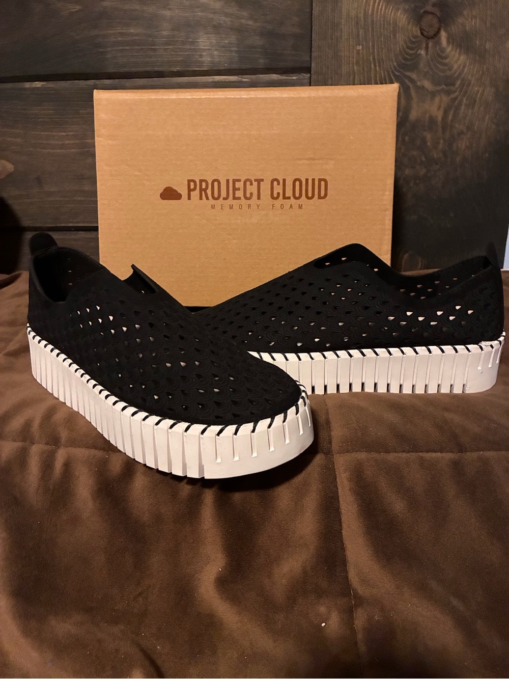Project Cloud Women's Black Perforated Slip-On Sneakers with White Platform, 7.5